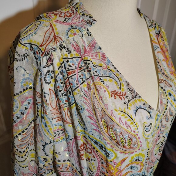 Boston Proper Paisley Bell Sleeves Metallic Threaded Mini Dress Smocked Waist - Picture 13 of 14